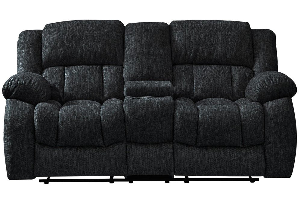 77" Black Manual Reclining Loveseat With Storage on a white background