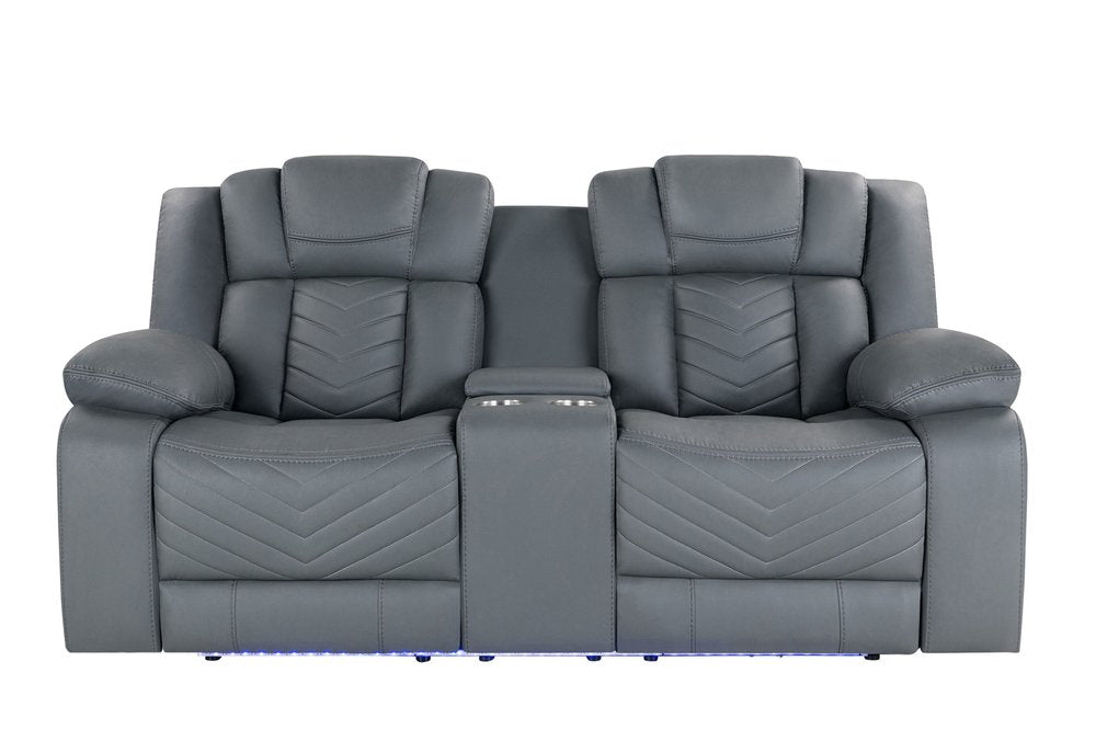 75" Light Gray Faux Leather Power Reclining Loveseat With Storage on a white background
