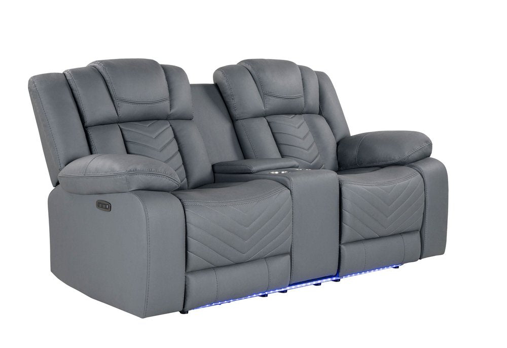75" Light Gray Faux Leather Power Reclining Loveseat With Storage on a white background