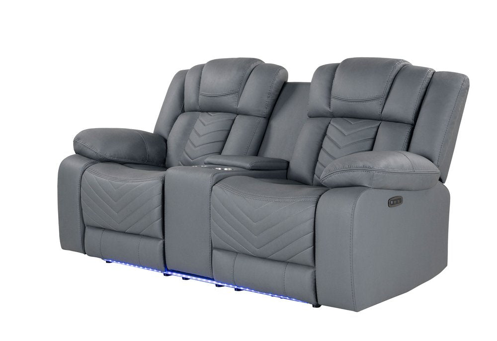 75" Light Gray Faux Leather Power Reclining Loveseat With Storage on a white background