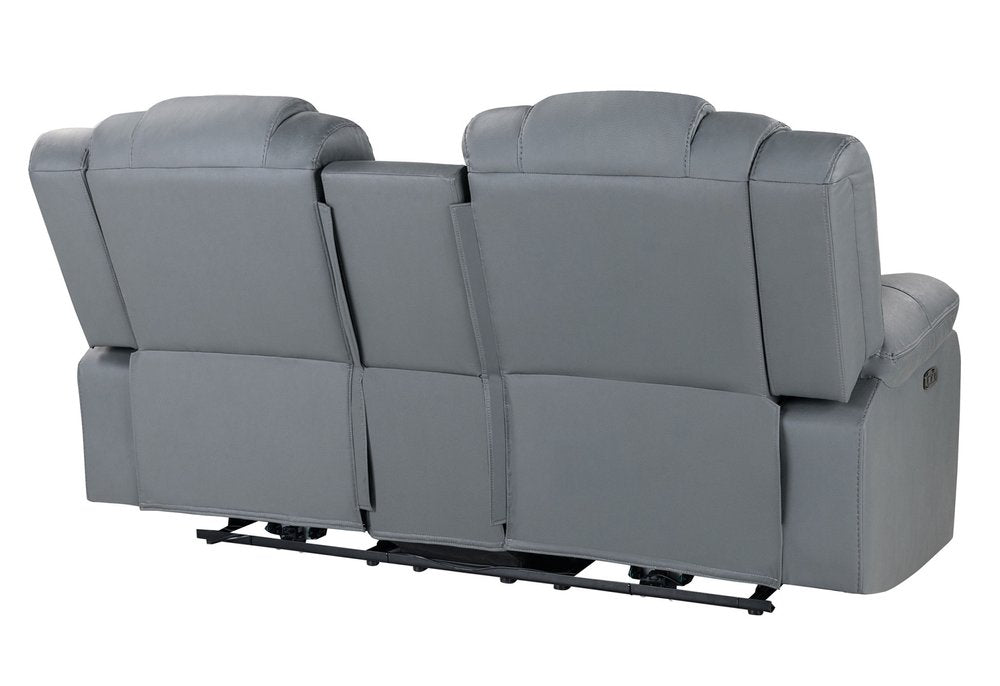 75" Light Gray Faux Leather Power Reclining Loveseat With Storage on a white background