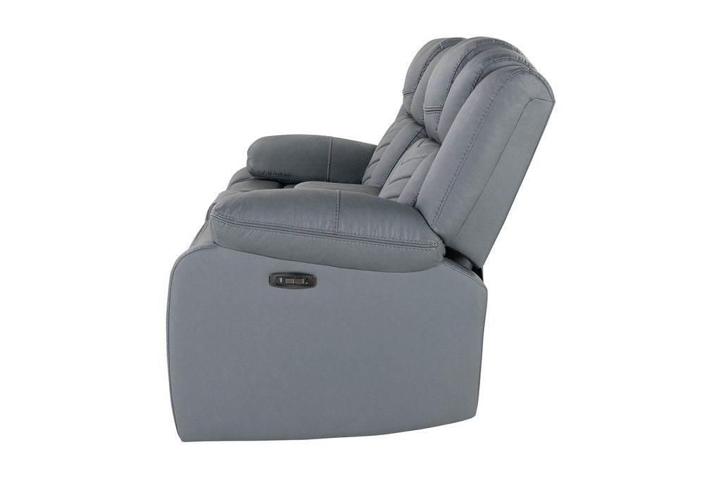 75" Light Gray Faux Leather Power Reclining Loveseat With Storage on a white background