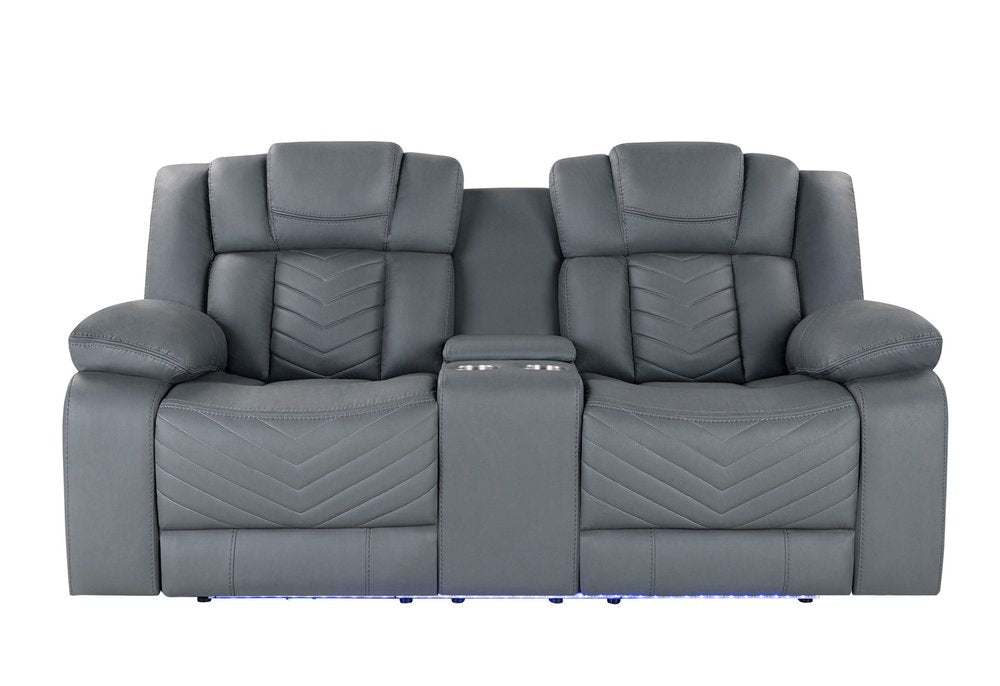 75" Light Gray Faux Leather Power Reclining Loveseat With Storage on a white background