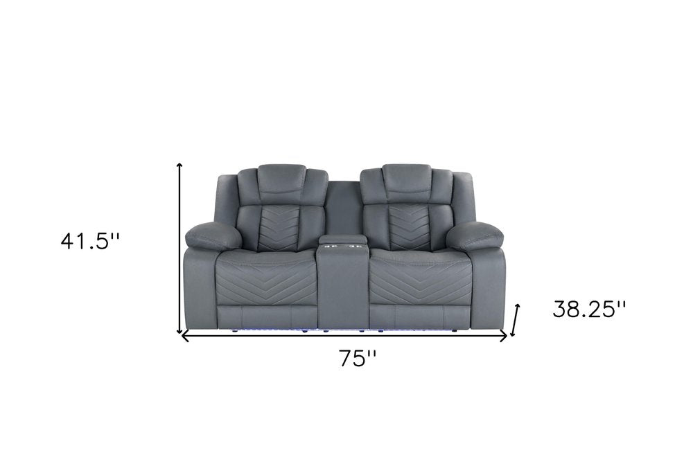 75" Light Gray Faux Leather Power Reclining Loveseat With Storage on a white background