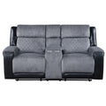 76" Gray and Black Faux Leather and Microfiber Manual Reclining Loveseat With Storage on a white background