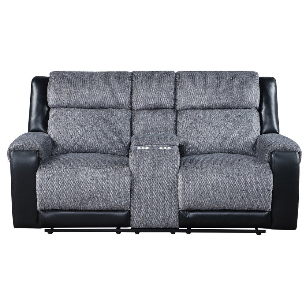 76" Gray and Black Faux Leather and Microfiber Manual Reclining Loveseat With Storage on a white background