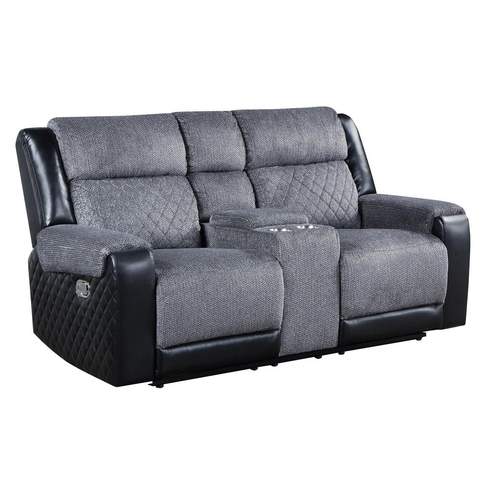 76" Gray and Black Faux Leather and Microfiber Manual Reclining Loveseat With Storage on a white background