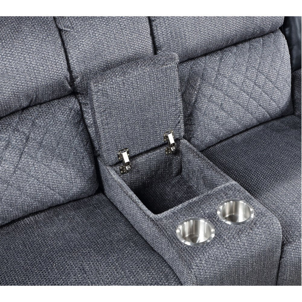 76" Gray and Black Faux Leather and Microfiber Manual Reclining Loveseat With Storage close-up detail