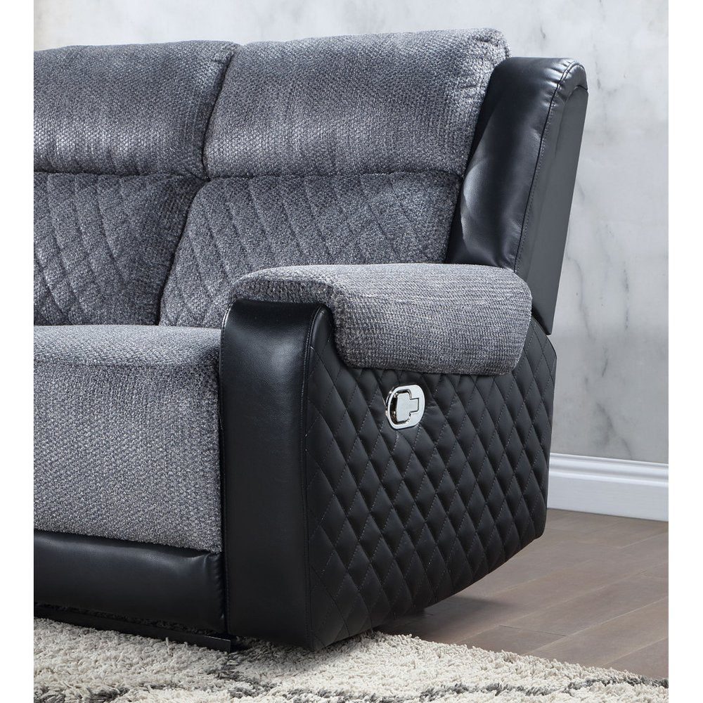 76" Gray and Black Faux Leather and Microfiber Manual Reclining Loveseat With Storage close-up detail