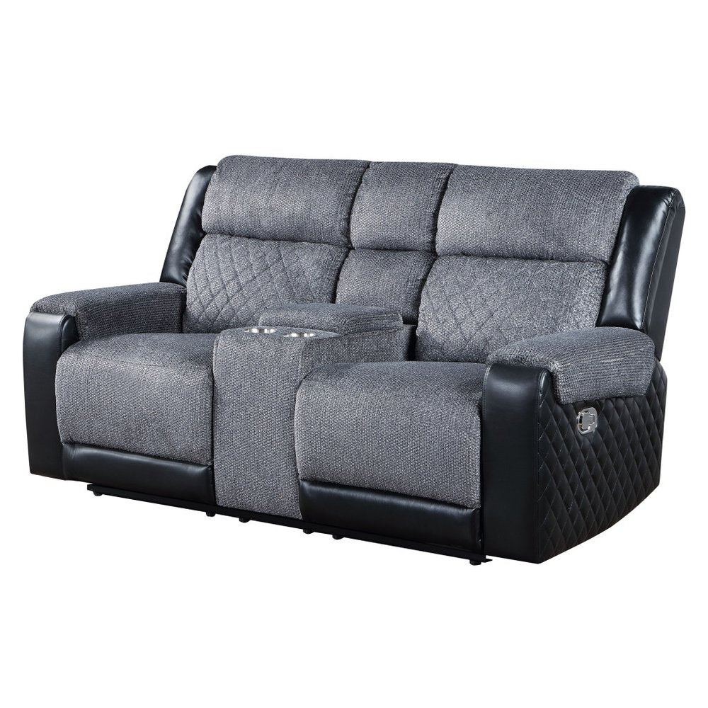 76" Gray and Black Faux Leather and Microfiber Manual Reclining Loveseat With Storage on a white background