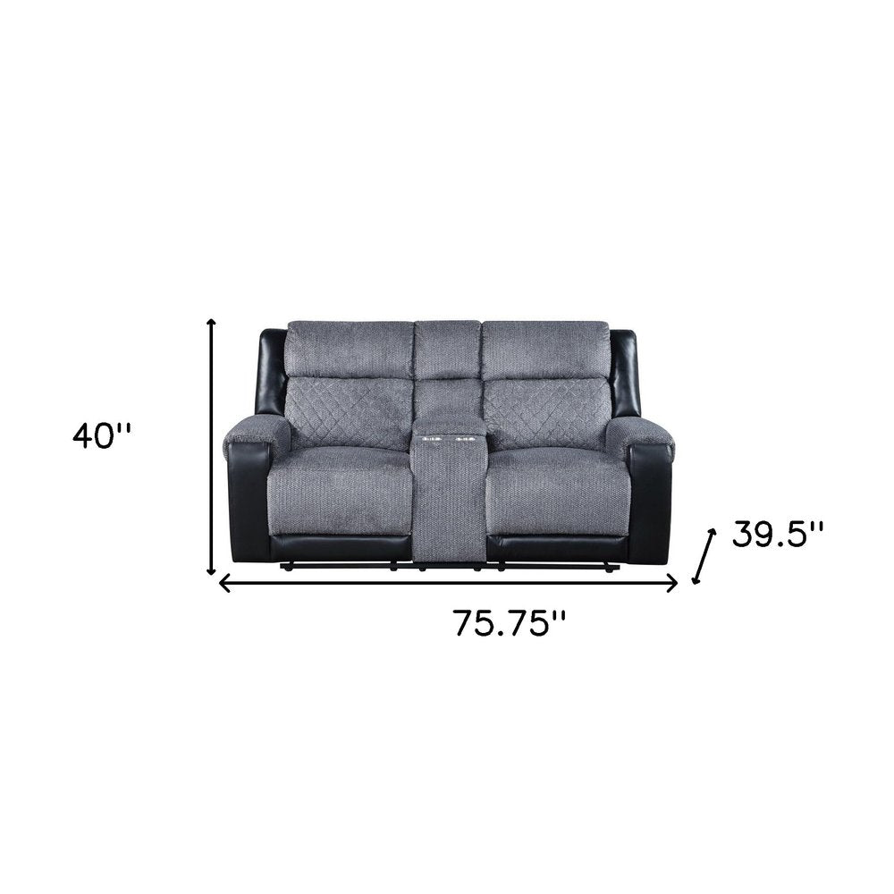 76" Gray and Black Faux Leather and Microfiber Manual Reclining Loveseat With Storage on a white background