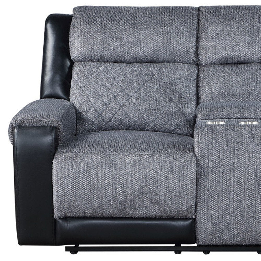 76" Gray and Black Faux Leather and Microfiber Manual Reclining Loveseat With Storage close-up detail