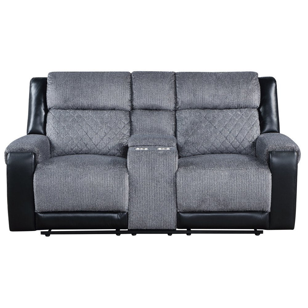 76" Gray and Black Faux Leather and Microfiber Manual Reclining Loveseat With Storage on a white background
