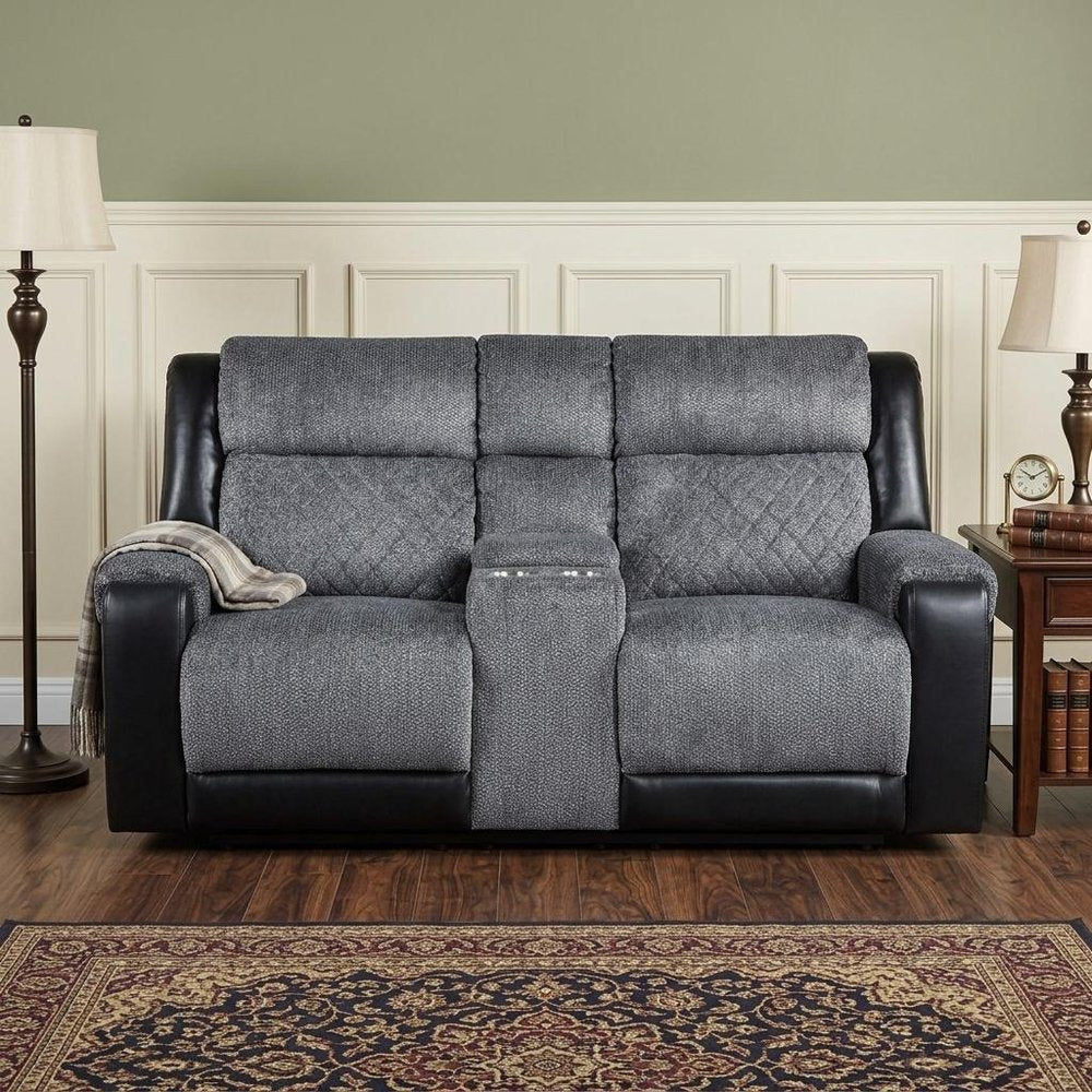76" Gray and Black Faux Leather and Microfiber Manual Reclining Loveseat With Storage in a home interior