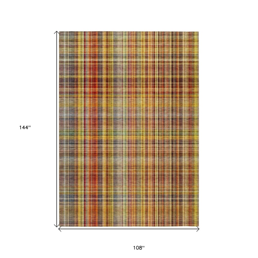 9' X 12' Yellow Orange and Brown Plaid Washable Non Skid Indoor Outdoor Area Rug