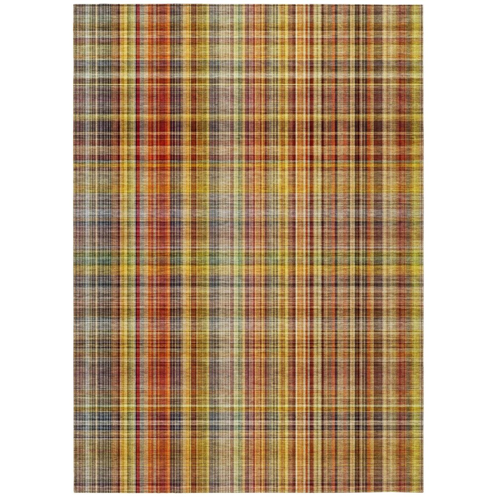 A 9' x 12' yellow, orange, and brown plaid indoor/outdoor area rug with a non-skid backing.