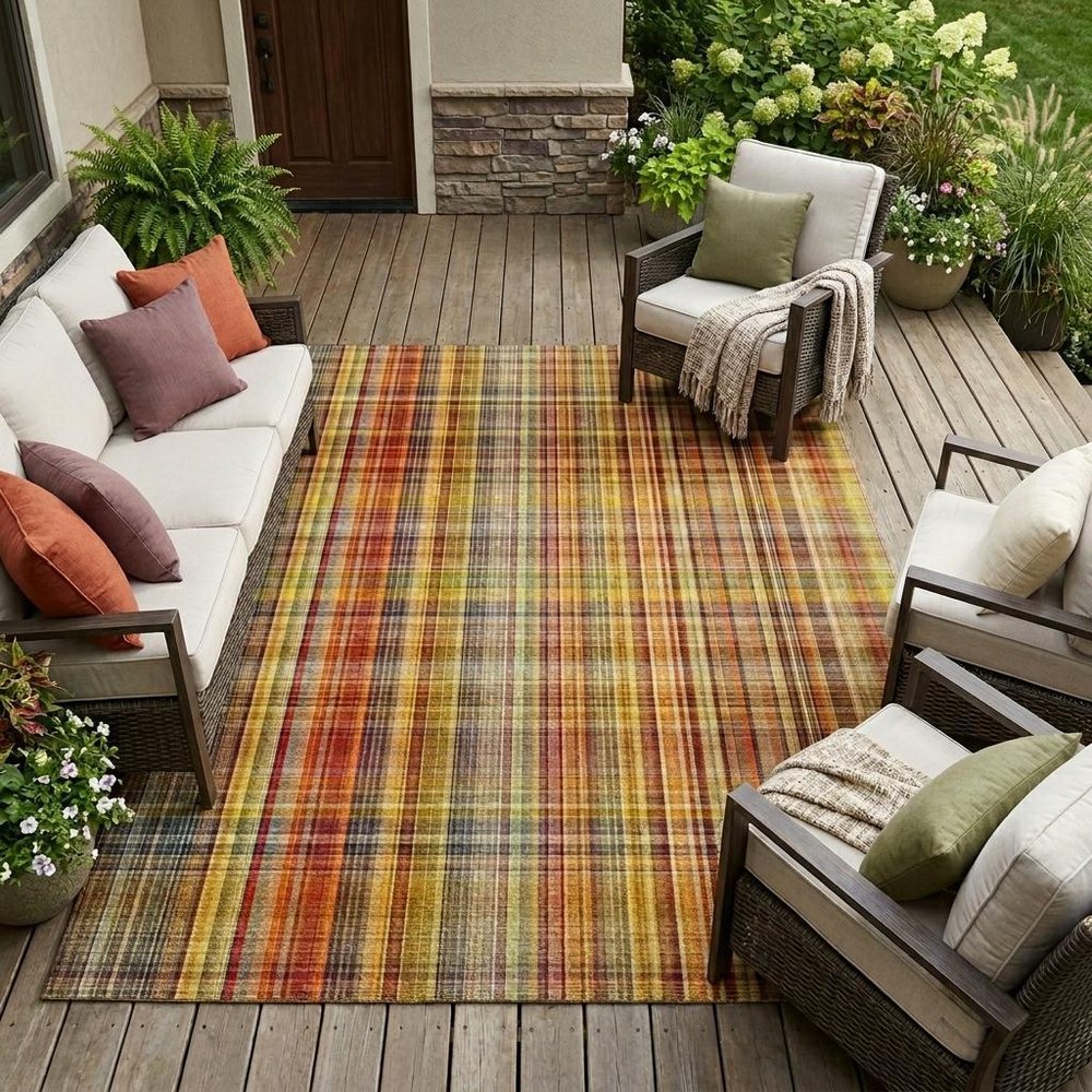 9' X 12' Yellow Orange and Brown Plaid Washable Non Skid Indoor Outdoor Area Rug