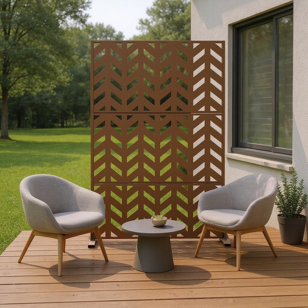 72" Brown Steel Three Panel Outdoor Privacy Screen in a home interior