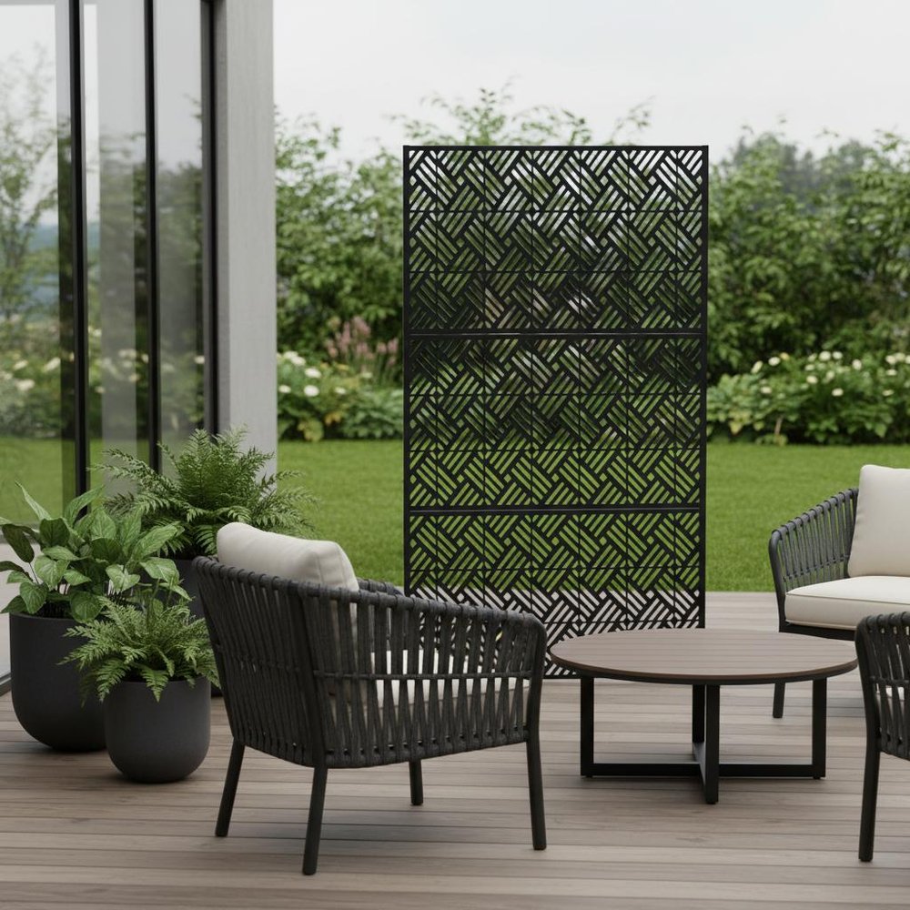 72" Black Steel Three Panel Outdoor Privacy Screen - 72.00" H x 47.00" W x 4.92" D close-up detail