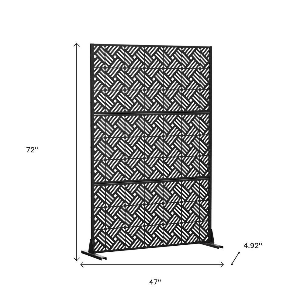 72" Black Steel Three Panel Outdoor Privacy Screen - 72.00" H x 47.00" W x 4.92" D on a white background