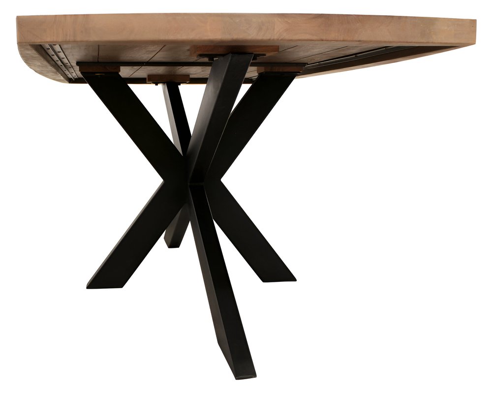A close-up view of a wooden dining table with a black metal pedestal base on a white background.