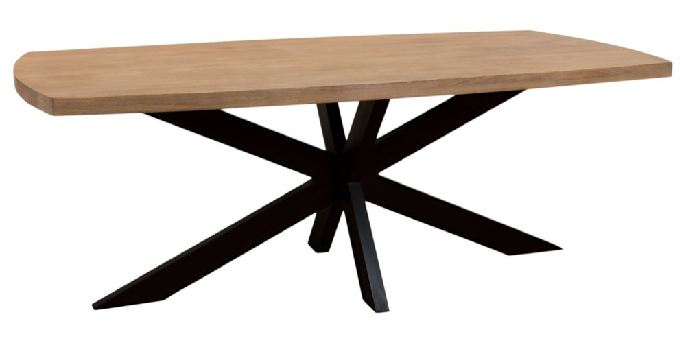 82" Natural And Black Solid Wood And Iron Pedestal Base Dining Table on a white background