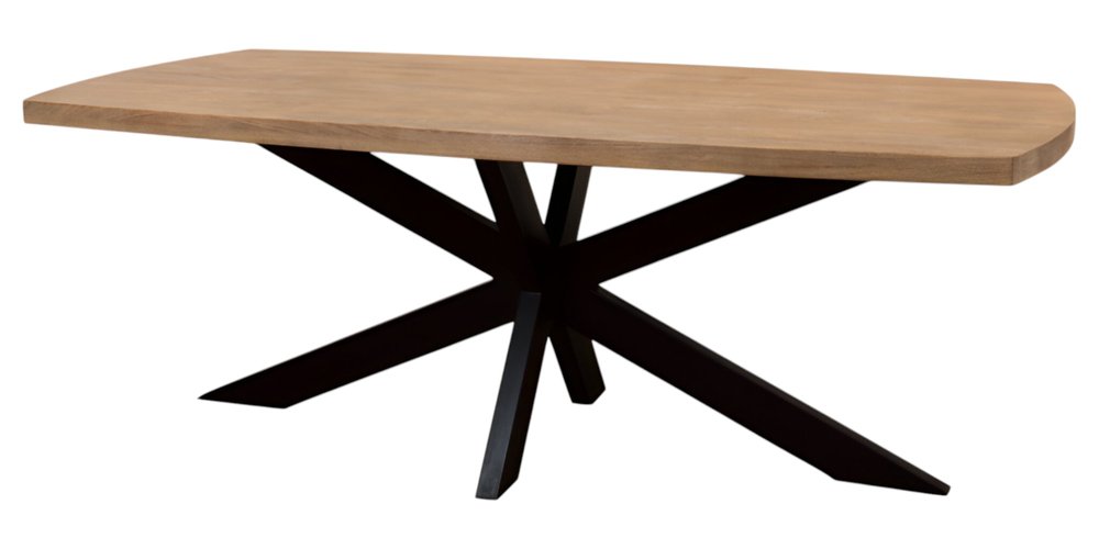 82" Natural And Black Solid Wood And Iron Pedestal Base Dining Table on a white background