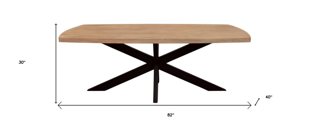 82" Natural And Black Solid Wood And Iron Pedestal Base Dining Table on a white background
