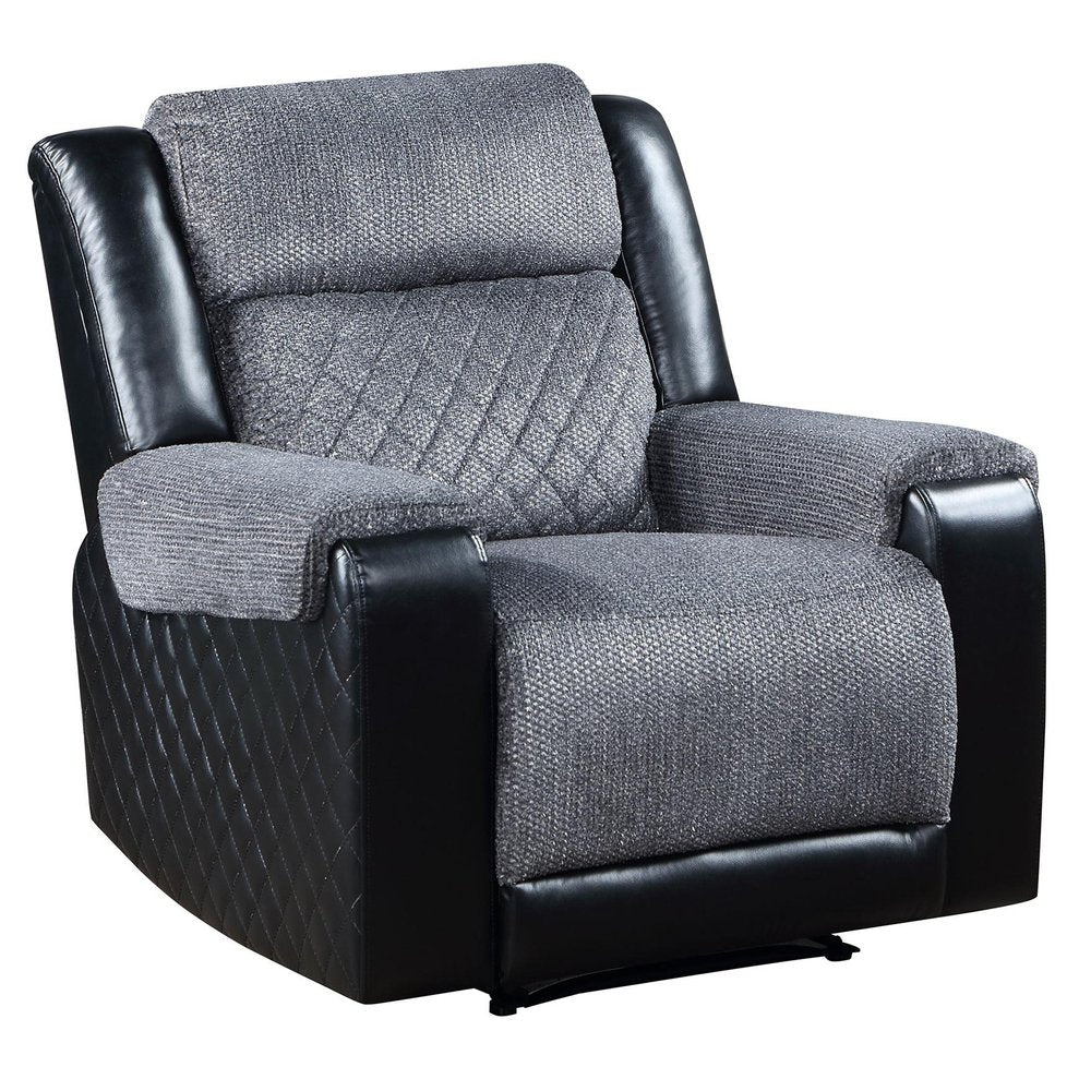 39" Black And Gray Faux Leather And Fabric Manual Recliner. Recliner isolated on a plain white background, showing a black faux leather surface.