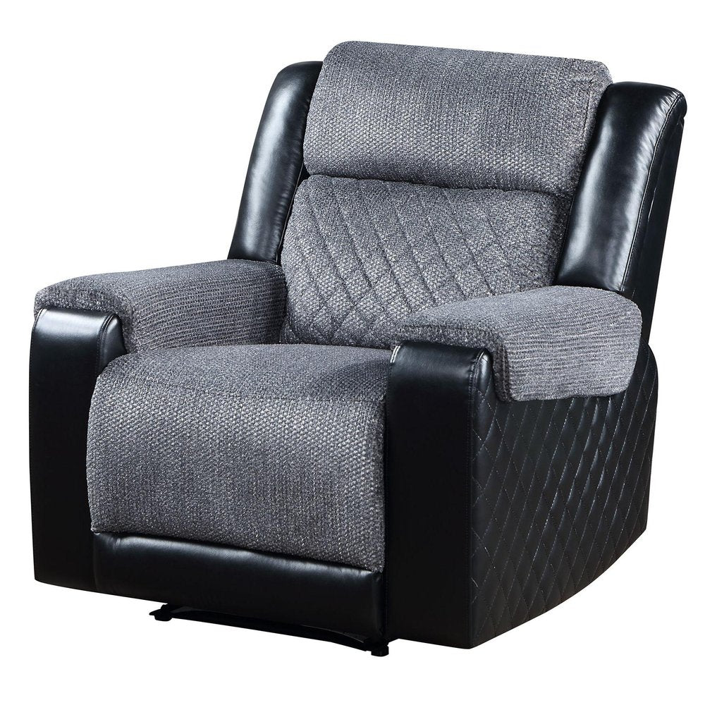 39" Black And Gray Faux Leather And Fabric Manual Recliner. Recliner isolated on a plain white background, in a black faux leather finish.