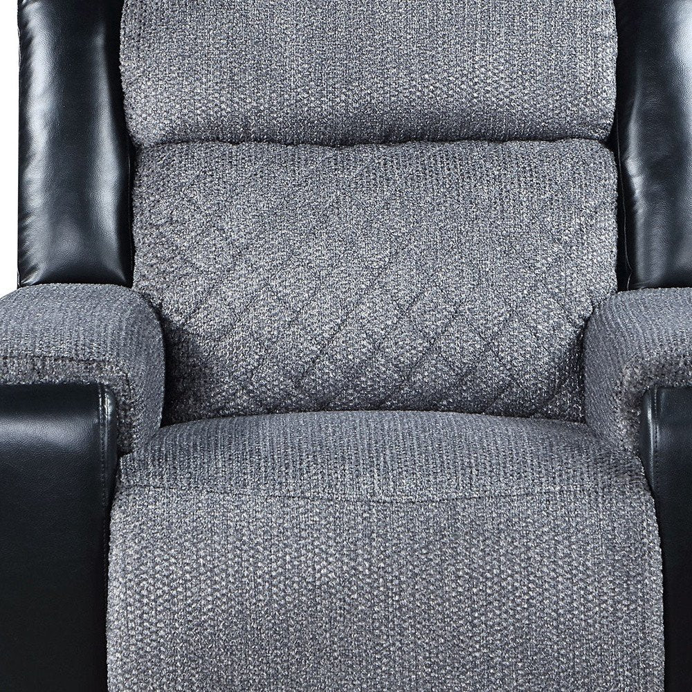 39" Black And Gray Faux Leather And Fabric Manual Recliner close-up highlighting the black faux leather surface.