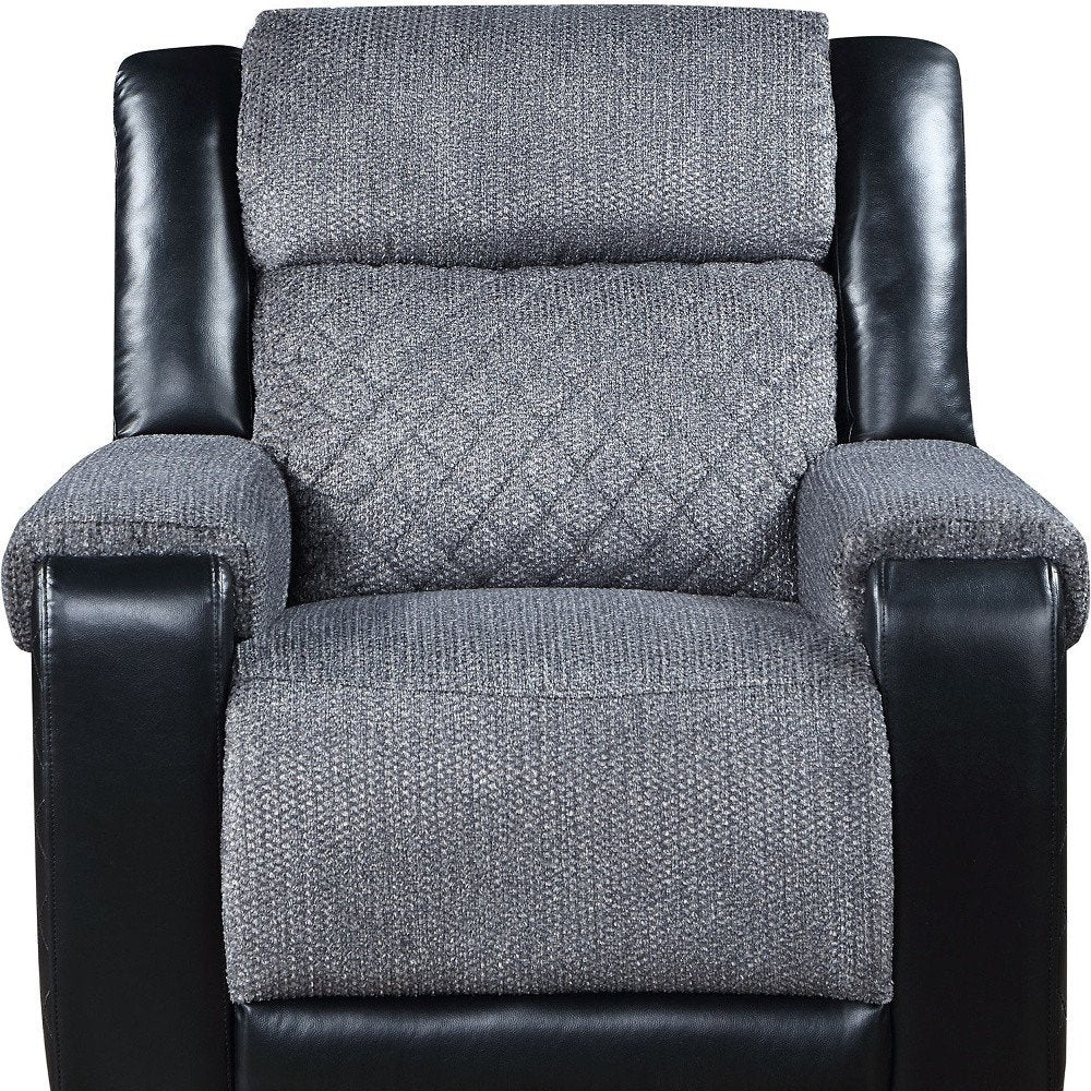 Close-up of 39" Black And Gray Faux Leather And Fabric Manual Recliner showing black faux leather detail.