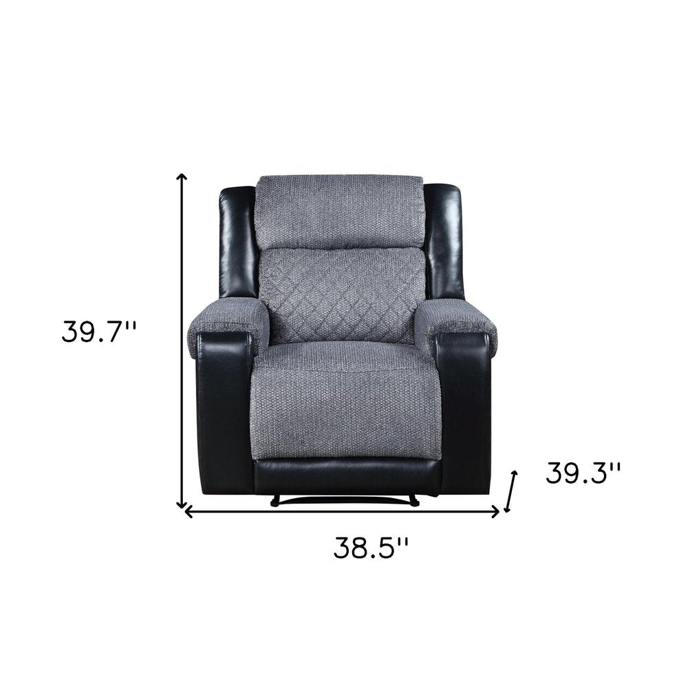 39" Black And Gray Faux Leather And Fabric Manual Recliner. Recliner isolated on a plain white background, showing a black faux leather surface.