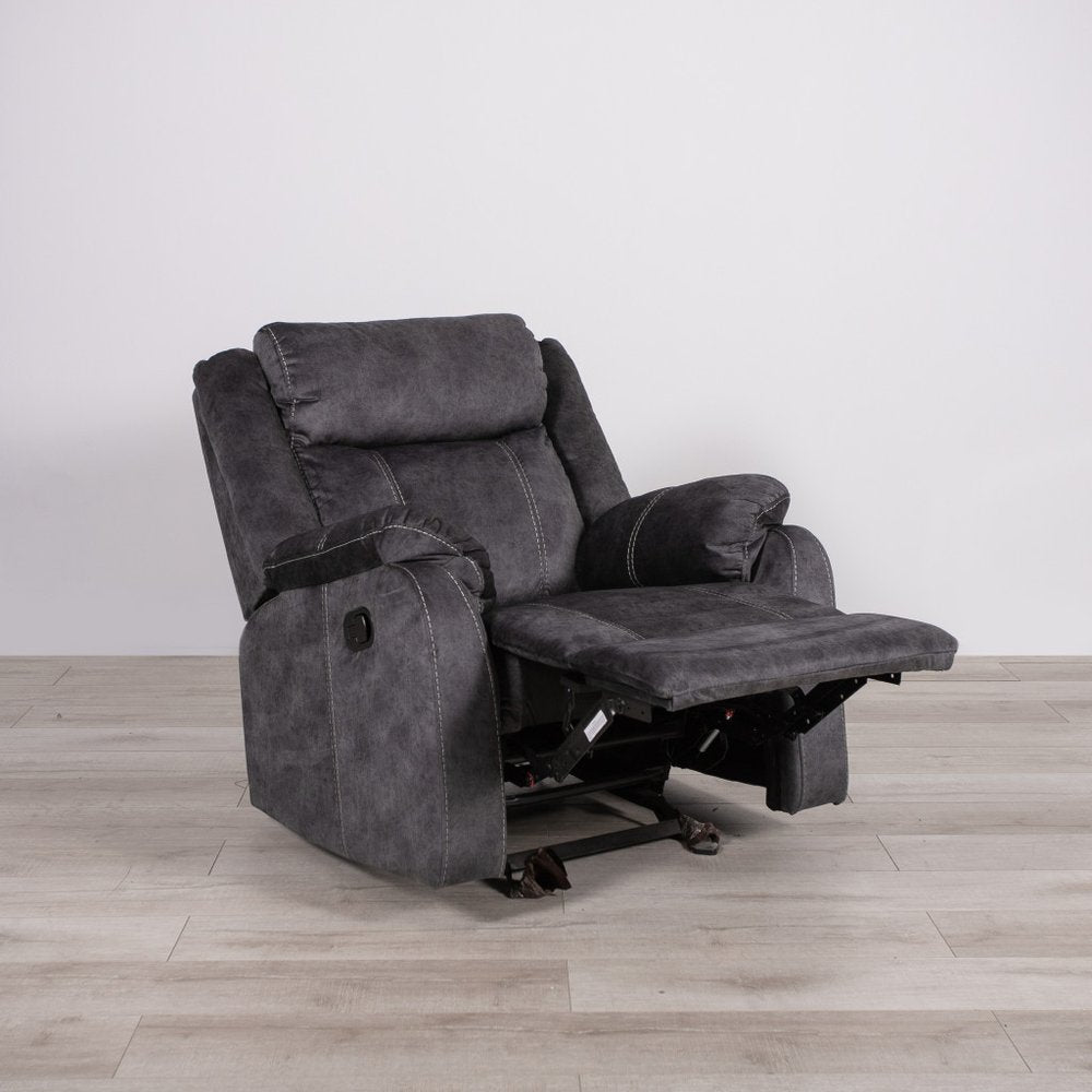 35" Granite Gray Fabric Manual Recliner. Recliner isolated on a plain white background, finished in gray fabric.