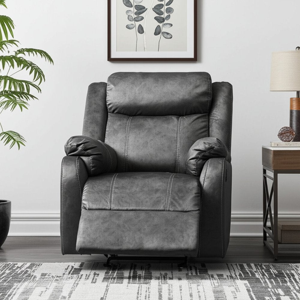 35" Granite Gray Fabric Manual Recliner. Recliner in gray fabric.
