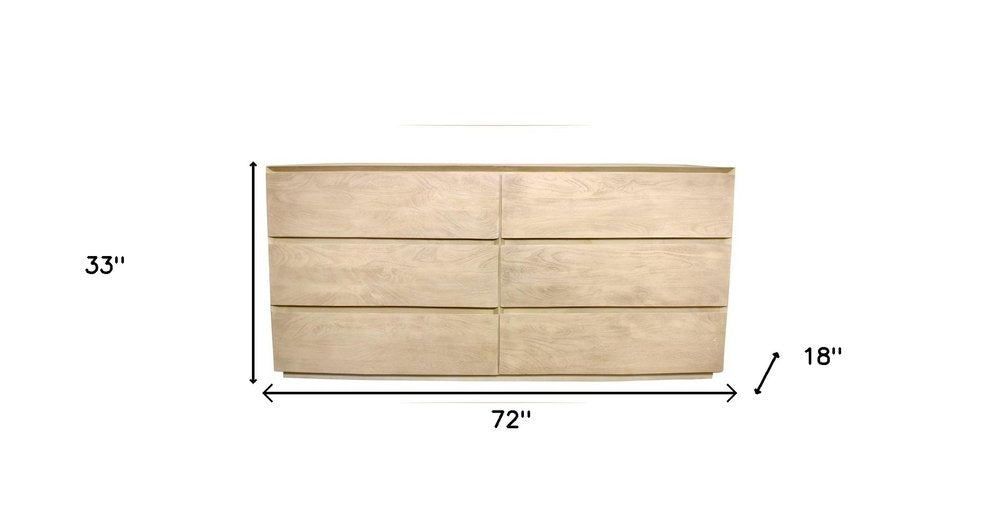 72" Natural Solid Wood Six Drawer Double Dresser on a white background
