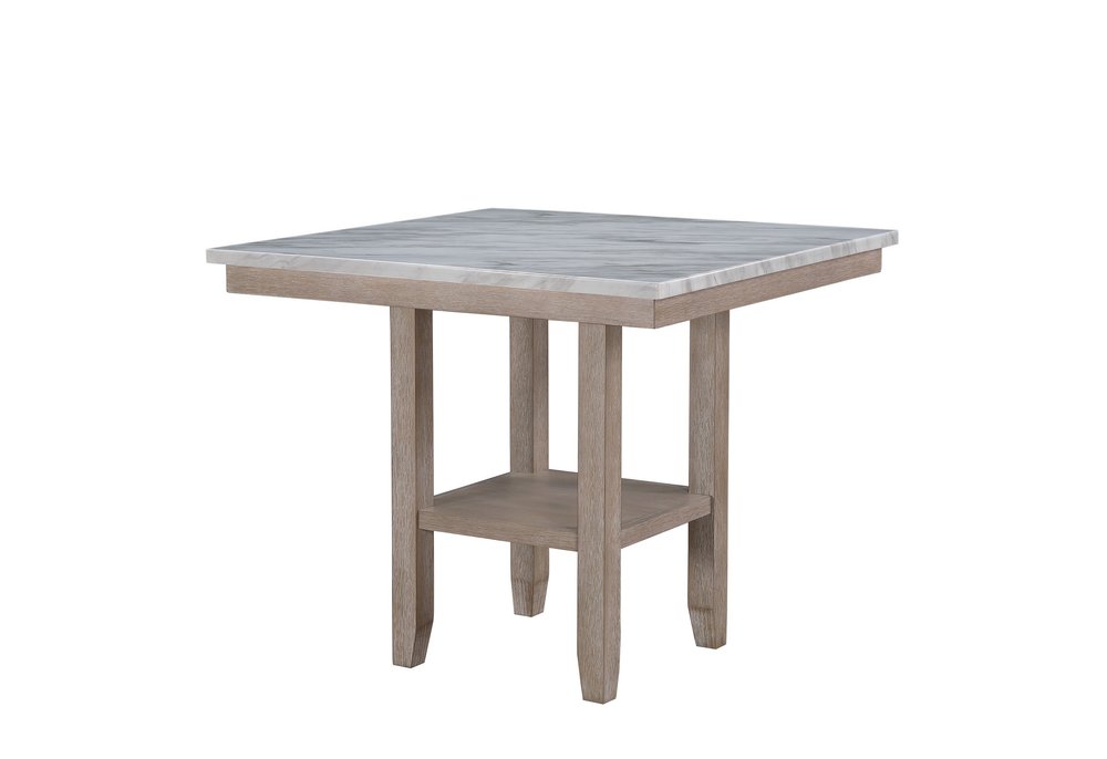 42" White and Natural Faux Marble and Wood Square Bar Table. Bar & restaurant table isolated on a plain white background, finished in white wood.