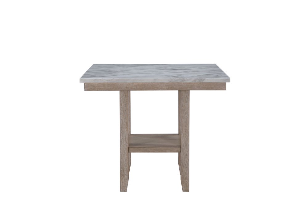 42" White and Natural Faux Marble and Wood Square Bar Table. Bar & restaurant table isolated on a plain white background, showing a tan wood surface.