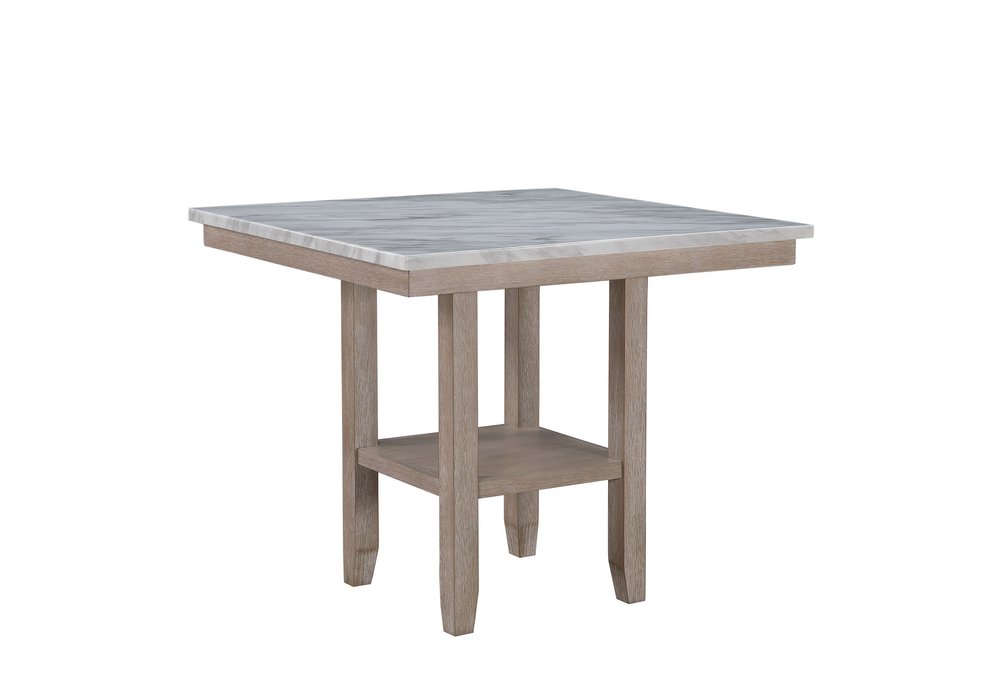 42" White and Natural Faux Marble and Wood Square Bar Table. Bar & restaurant table isolated on a plain white background, showing a tan wood surface.