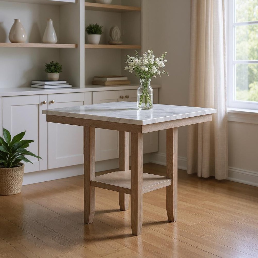 42" White and Natural Faux Marble and Wood Square Bar Table styled in a furnished interior with a dark brown wall on a wood floor in tan wood.