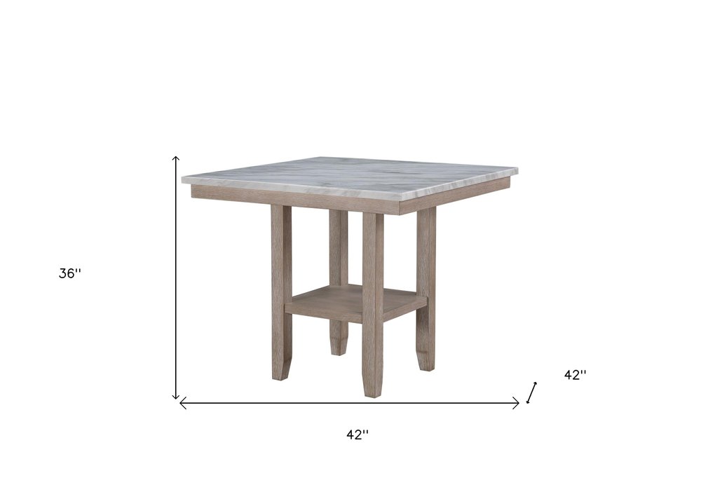 42" White and Natural Faux Marble and Wood Square Bar Table. Bar & restaurant table isolated on a plain white background, in a tan wood finish.