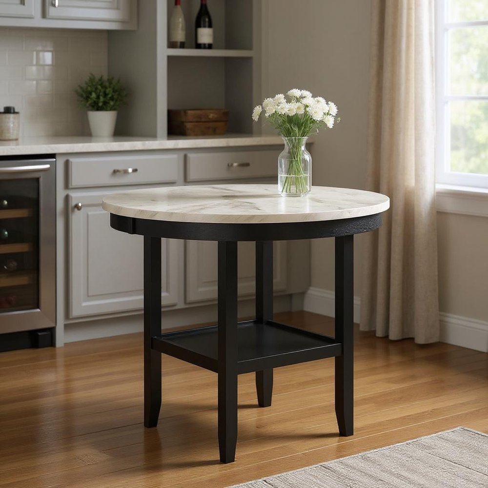 42" White and Black Wood And Faux Marble Round Counter Height Bar Table styled in a furnished interior with a brown wall on a wood floor.
