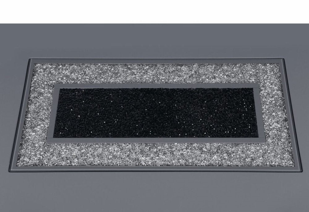 47" Dark Gray Silver And Black Glass Faux Crystal And Wood Square Bar Table detail shot of the charcoal glass finish.