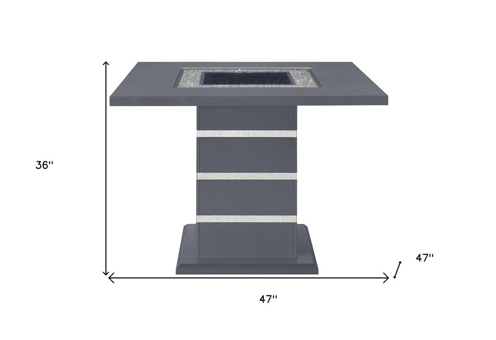 47" Dark Gray Silver And Black Glass Faux Crystal And Wood Square Bar Table. Bar & restaurant table isolated on a plain white background, finished in charcoal glass.