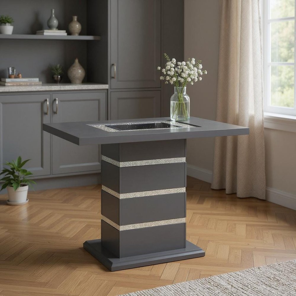 47" Dark Gray Silver And Black Glass Faux Crystal And Wood Square Bar Table styled in a furnished interior with a dark wall on a wood floor in charcoal glass.