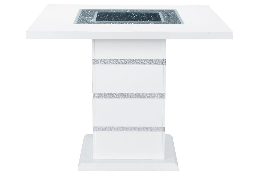 47" White Silver And Black Glass Faux Crystal And Wood Square Bar Table. Bar & restaurant table isolated on a plain white background, in a silver glass finish.