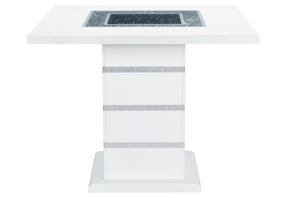 47" White Silver And Black Glass Faux Crystal And Wood Square Bar Table. Bar & restaurant table isolated on a plain white background, finished in silver glass.