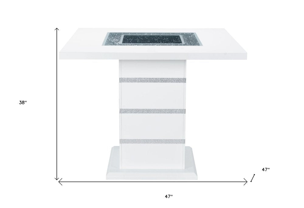 47" White Silver And Black Glass Faux Crystal And Wood Square Bar Table. Bar & restaurant table isolated on a plain white background, finished in silver glass.