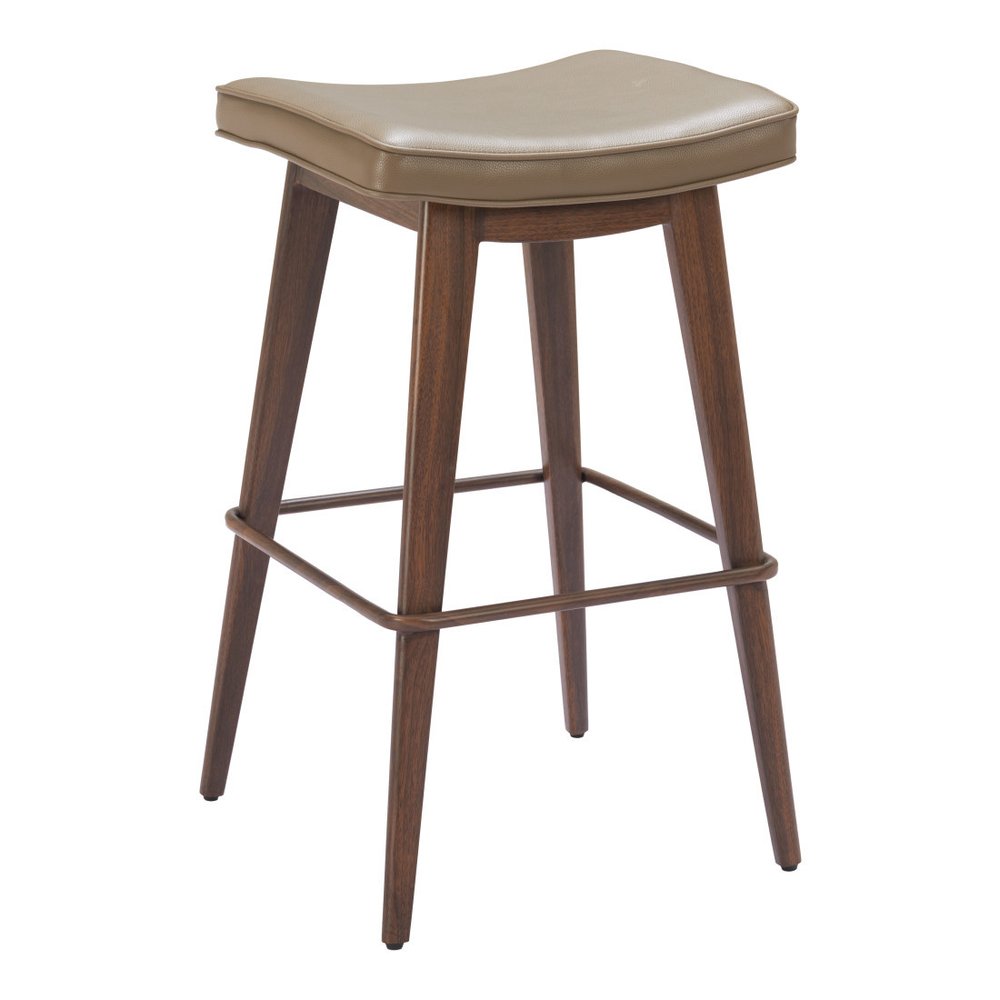 Set of Two 31" Taupe and Walnut Faux Leather and Steel Backless Bar Height Bar Chairs