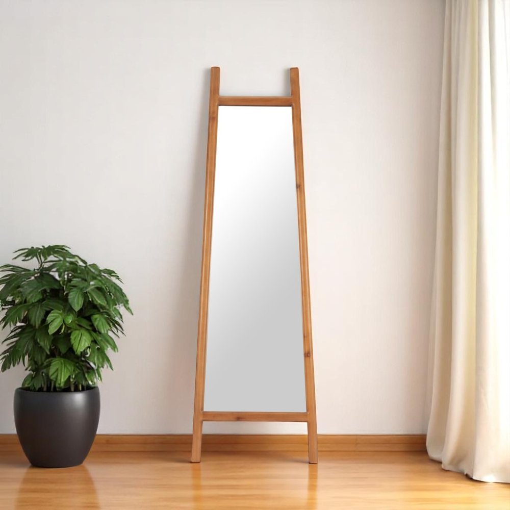 70" Natural Solid Wood Leaning Geometric Framed Standing Mirror